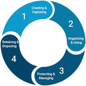 1 - Creating and Capturing Records, 2 - Organizing and Using Records, 3 - Protecting and Managing Records, 4 - Retaining and Disposing of Records